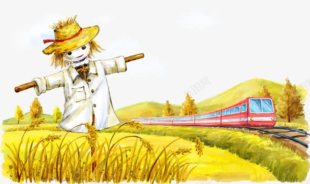 稻田里场景png免抠素材_新图网 https://ixintu.com 火车 稻田 稻田插画 稻草人