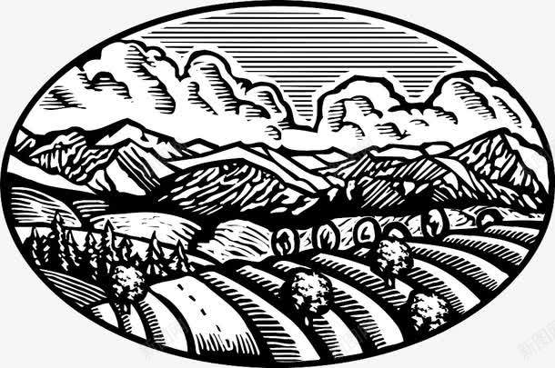 装饰插图山岭树林农田插画png免抠素材_新图网 https://ixintu.com 农地插画 农田插画 山岭 树林 版画 装饰插图 黑白插画