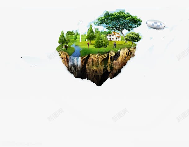绿色悬浮岛png免抠素材_新图网 https://ixintu.com 天空岛 房屋 树林 环保 生态