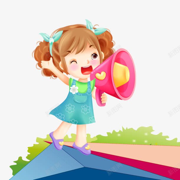 卡通拿着喇叭说话的女孩png免抠素材_新图网 https://ixintu.com 卡通人物 吩咐 喇叭 手绘人物 插画 绑辫子的女孩 裙子