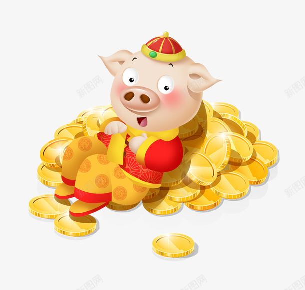 手绘卡通金猪装饰png免抠素材_新图网 https://ixintu.com 卡通 可爱 手绘 星光 猪年元宝 装饰 金币 金猪