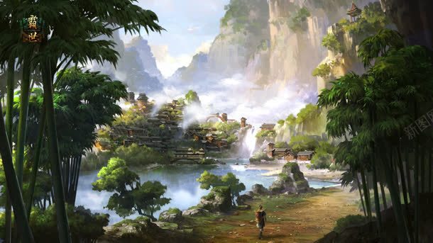 武侠竹林绿色宽屏jpg设计背景_新图网 https://ixintu.com 古典 手绘 武侠 竹林 绿色