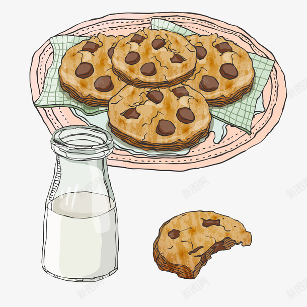 手绘营养牛奶饼干png免抠素材_新图网 https://ixintu.com 手绘 曲奇 杯装牛奶 牛奶 瓶子 白色 营养饮品 饮料 饼干