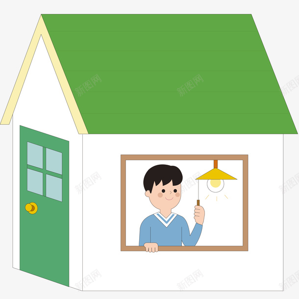 节能生活标矢量图图标ai_新图网 https://ixintu.com 住户 台灯 售后维修 屋顶 房子 木门 窗户 绿色 节能 矢量图