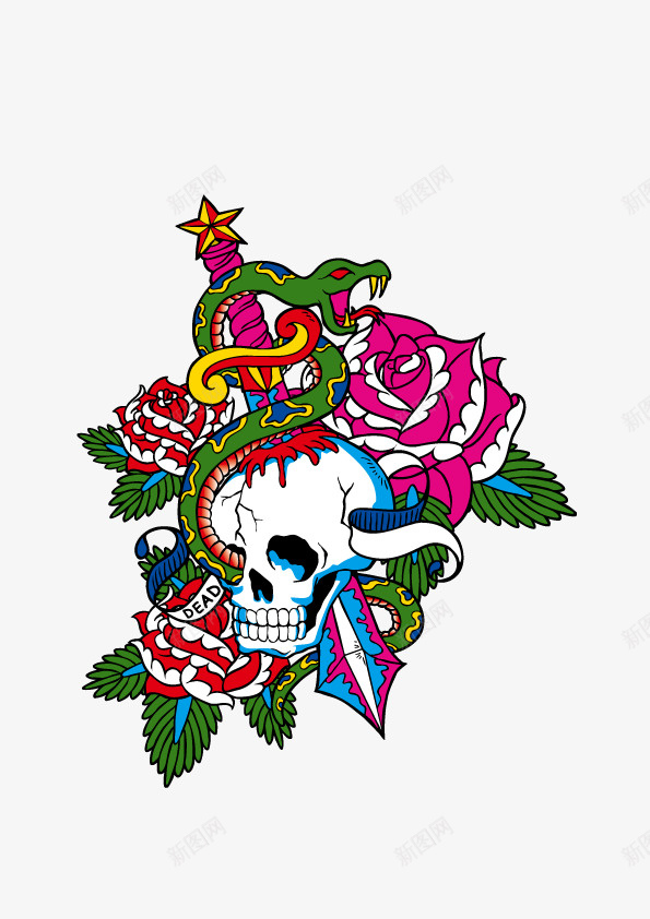 卡通骷髅蛇蝎玫瑰刺青个性图案png免抠素材_新图网 https://ixintu.com 个性十字刺青 佩剑刺青 卡通骷髅 涂鸦个性 炫酷图案 蛇蝎美人刺青