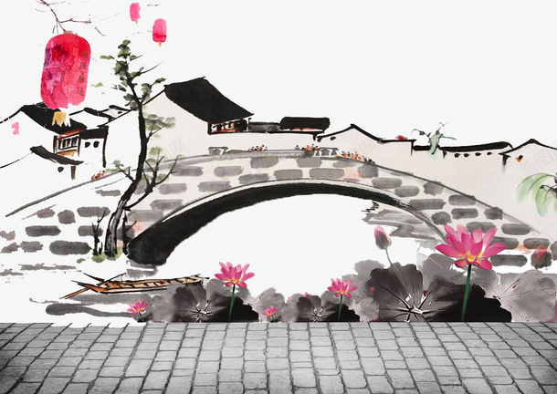 风景宜人祥和宁静水墨画png免抠素材_新图网 https://ixintu.com 房屋 桥 水墨画 灯笼 艺术 荷花
