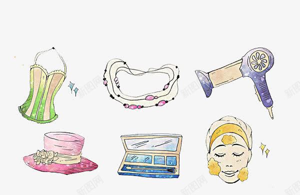 女生用品png免抠素材_新图网 https://ixintu.com 化妆盒 卡通手绘 吹风机 束发带 泳衣 洗脸卡通