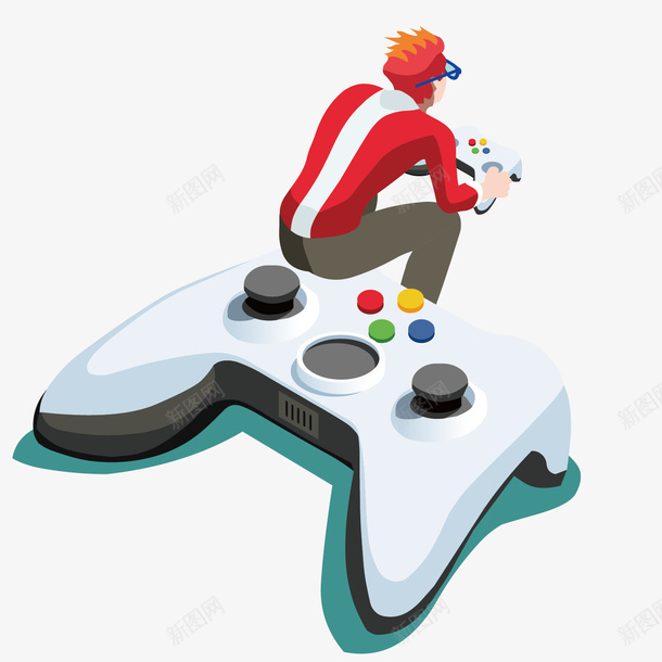 做在手柄上打游戏矢量图ai免抠素材_新图网 https://ixintu.com 卡通 手绘 打游戏 游戏手柄 男人 简单 红色衣服 矢量图