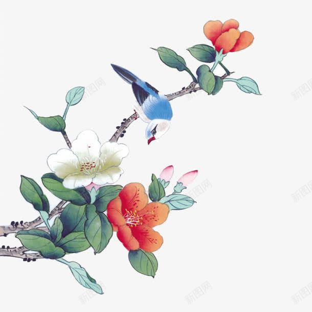 花鸟图png免抠素材_新图网 https://ixintu.com 中国风 小鸟 橘红色 花朵 花鸟图 蓝色