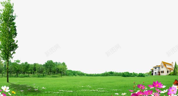 草地建筑乡村风光背景png免抠素材_新图网 https://ixintu.com 别墅 松树 格桑花 草地