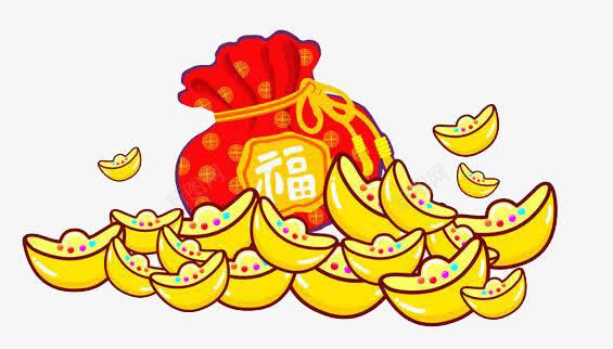 红色福袋与金元宝png免抠素材_新图网 https://ixintu.com 卡通 手绘 新年 财宝