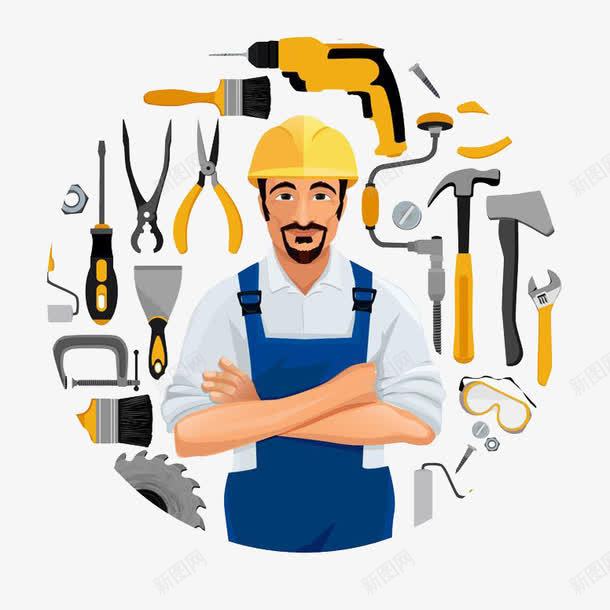 卡通工人和各种工具png免抠素材_新图网 https://ixintu.com 上班族 个性炫彩标志 卡通工人 卡通漫画人物 建筑工人 标志图形 瓦工 装修工具