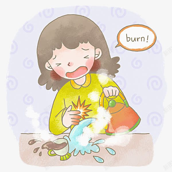 不小心烫到手png免抠素材_新图网 https://ixintu.com 倾倒 卡通手绘 受伤女孩 受伤的手 水蒸气 热水 装饰