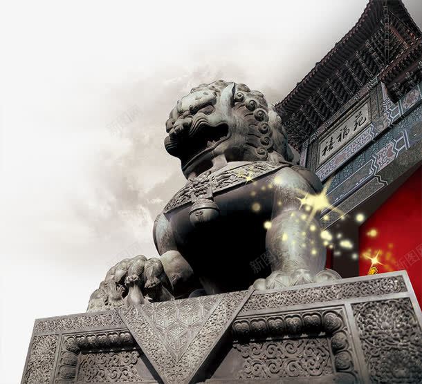 地产广告元素石狮png免抠素材_新图网 https://ixintu.com 云朵 传统 地产广告元素石狮 屋檐 星星 石雕像