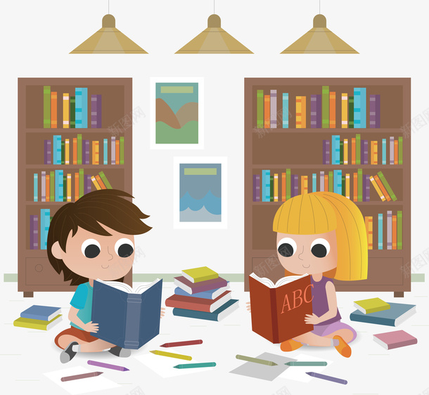 图书馆学习的小学生矢量图ai免抠素材_新图网 https://ixintu.com 人物 卡通 可爱 图书馆设计 学习任务 学生 矢量图