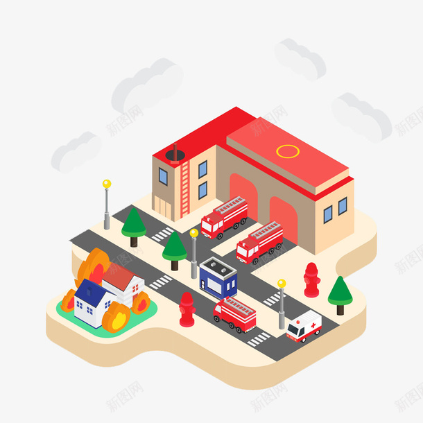 3D消防局俯视图png免抠素材_新图网 https://ixintu.com 军人 小树 救火 斑马线 消防车 着火 要塞 道路