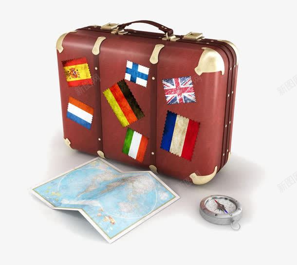 出国游旅行箱指南针png免抠素材_新图网 https://ixintu.com 出国 国旗贴纸 地图 指南针 旅游 皮箱