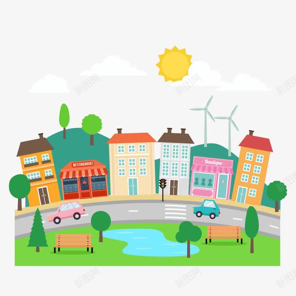 城市公园矢量图ai免抠素材_新图网 https://ixintu.com 太阳 房子 道路 风能 矢量图