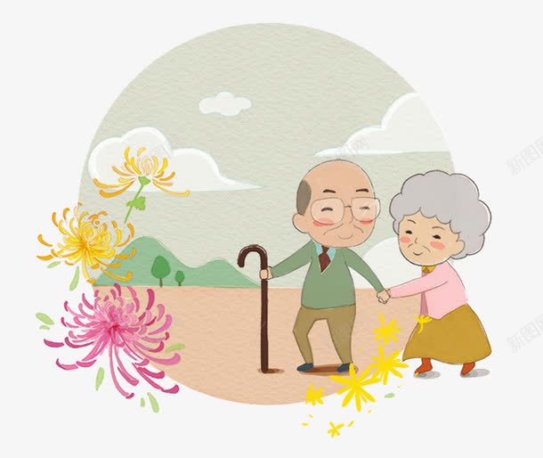 老夫妇png免抠素材_新图网 https://ixintu.com 卡通父母 孝敬爸妈 尊敬长辈 尊老 菊花 重阳节