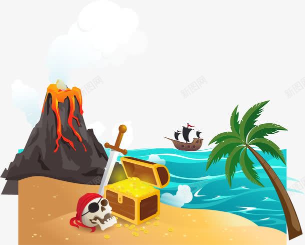 荒岛上的宝藏png免抠素材_新图网 https://ixintu.com 冒险岛 寻宝 火山喷发 火山手绘 矢量素材 金币财宝箱