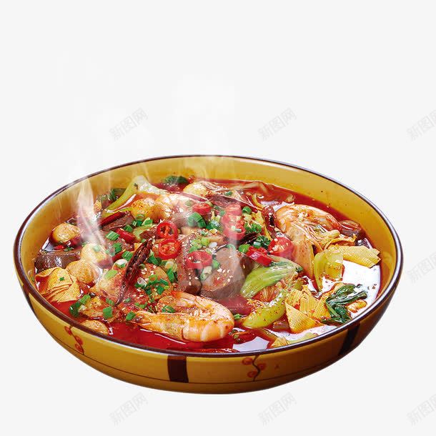 鲜虾生菜红汤火锅png免抠素材_新图网 https://ixintu.com 红汤火锅 肉类 蔬菜 辣椒油 金针菇 鲜虾 鸳鸯锅 麻椒 麻辣