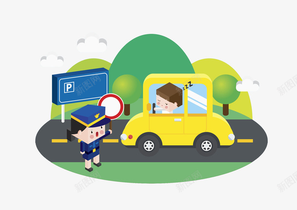 卡通禁止停车图png免抠素材_新图网 https://ixintu.com 交警 卡通 场景 小汽车 手绘 禁止乱停 禁止停车 立体