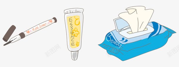 手绘化妆用品png免抠素材_新图网 https://ixintu.com 化妆 化妆品 化妆用品 手绘 湿纸巾 画眼线 眼妆 眼线 眼线笔