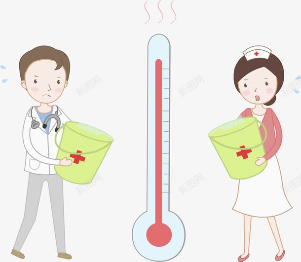 高烧急诊png免抠素材_新图网 https://ixintu.com 医生 卡通 发烧 发烧的表情 急诊 手绘 护士 温度爆表 温度计 降温