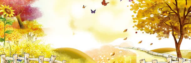 秋天背景jpg设计背景_新图网 https://ixintu.com 向日葵 插画背景 树 落叶 黄色