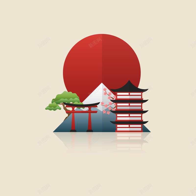 日本风景扁平化背景矢量图ai设计背景_新图网 https://ixintu.com 几何 扁平 日本 树 樱花 渐变 白色 落日开心 矢量图