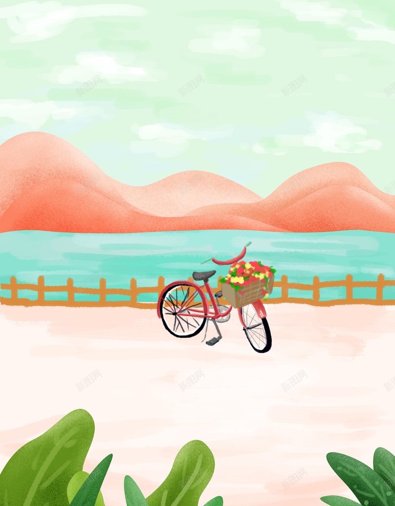 风景河边手绘插画海报psd设计背景_新图网 https://ixintu.com 叶子 场景插画 夏天 夏日 夏至 山 旅行 毕业季 自行车