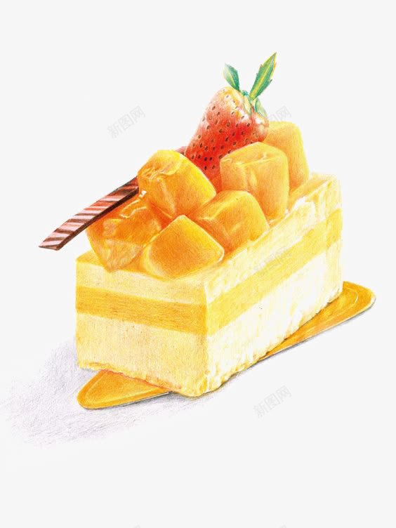 手绘水果蛋糕png免抠素材_新图网 https://ixintu.com 甜食 芒果 草莓 蛋糕 黄色