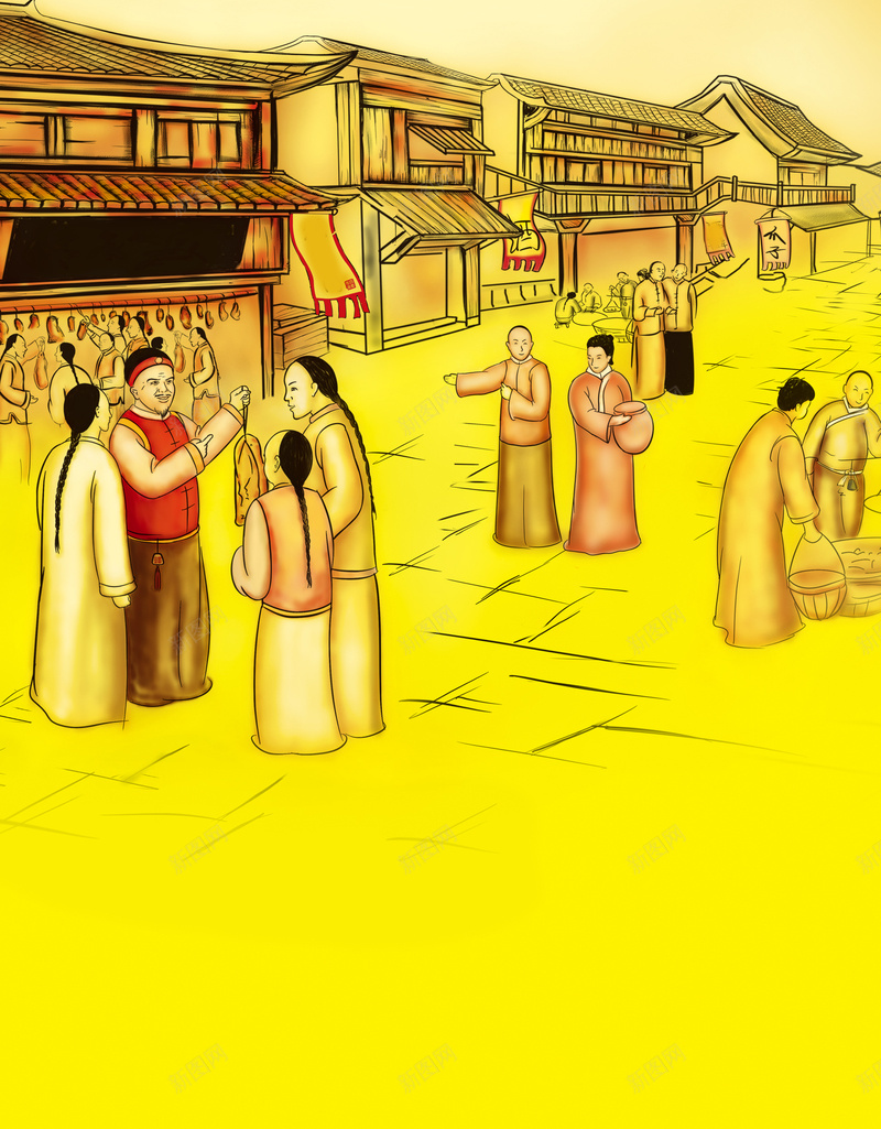 古代商业街黄色背景psd设计背景_新图网 https://ixintu.com 人物 古代商业街 古代商店 古代房屋 店铺 热闹街市 背景素材 铺子 黄色