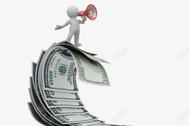 站在钞票上的人物png免抠素材_新图网 https://ixintu.com 3D小人 拿着喇叭的人 美元 钞票