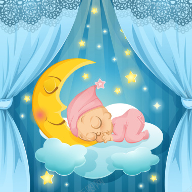 夜晚卡通婴儿温馨睡觉蓝色背景矢量图背景