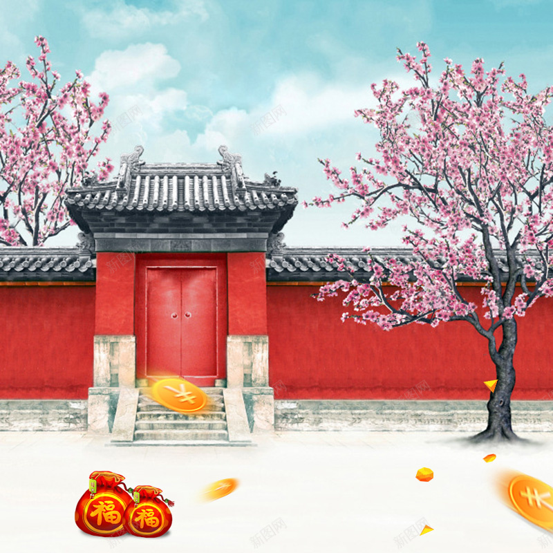 新年首图psd设计背景_新图网 https://ixintu.com 中国风 主图 元宵节 新年 桃花 红色墙面