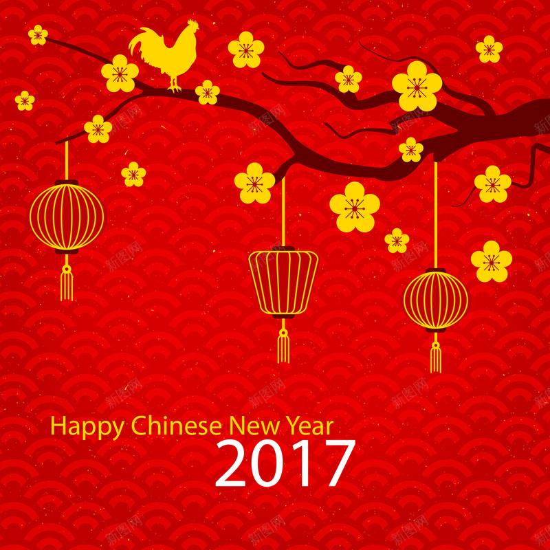 中式红色卡通新年背景矢量图ai设计背景_新图网 https://ixintu.com 2017新年快乐 中国新年 中式卡通 中式底纹 喜庆 新年 新年背景 梅花 灯笼 金花 矢量图