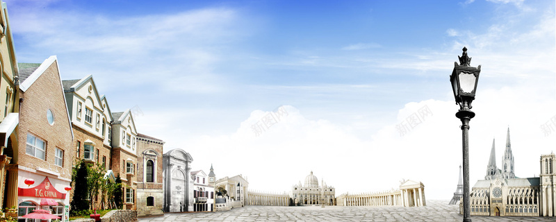 欧美背景psd设计背景_新图网 https://ixintu.com 别墅 大气 广场 欧式建筑 欧式风格 海报banner 男士箱包 男士西服 男装 蓝天 路灯