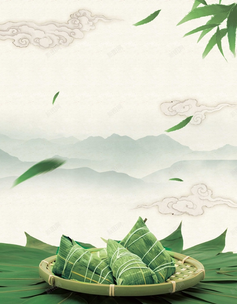 中国风粽叶粽子背景psd设计背景_新图网 https://ixintu.com 中国风 活动 海报 清新 矢量 端午节 粽叶 粽子 绿色 背景