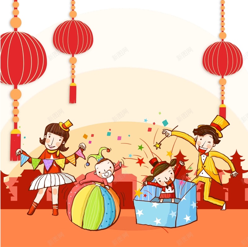 春节回家团聚一家人看春晚魔术灯笼海报背景矢量图ai设计背景_新图网 https://ixintu.com 一家人 变魔术 回家 回家过年 团聚 大红 小孩子 春晚 春节 春节海报 灯笼 看春晚 老人 矢量图