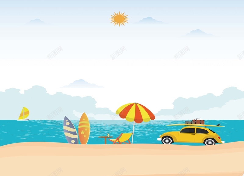 卡通海边旅游矢量海报背景ai设计背景_新图网 https://ixintu.com 卡通 大海 旅游 汽车 沙滩 海报 海边 矢量 背景 遮阳伞 矢量图