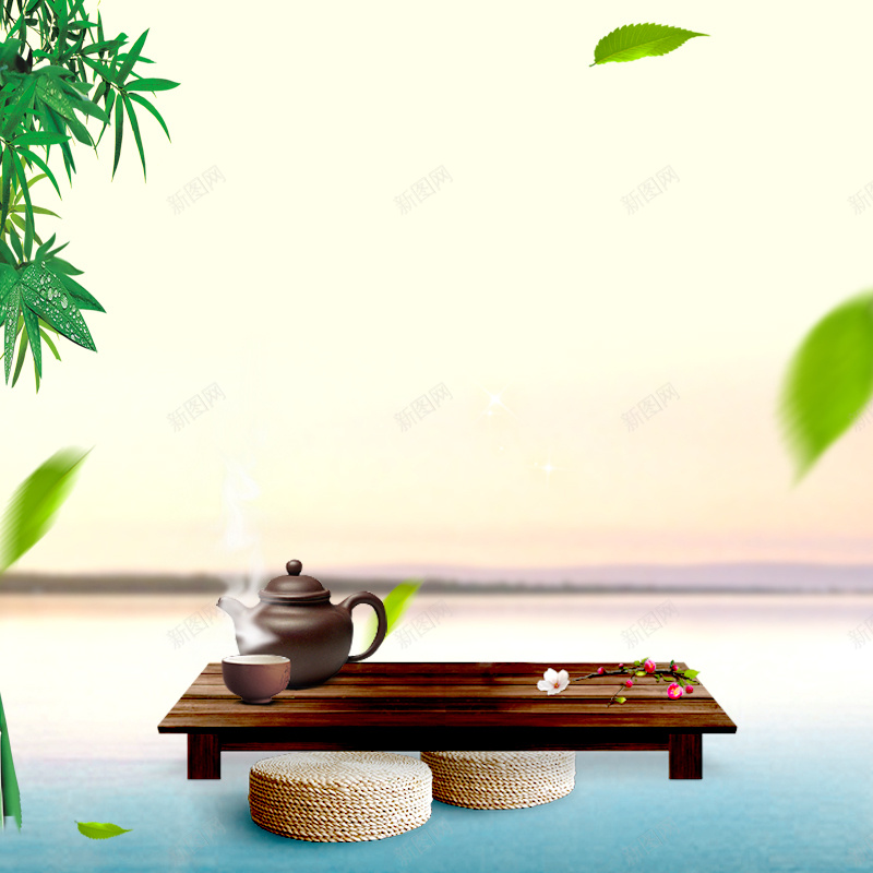 绿色茶叶茶文化背景psd_新图网 https://ixintu.com 摄影 梅花 淘宝主图 直通车 绿色树叶 茶具 茶叶背景 茶壶 茶文化 落叶 风景