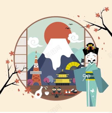 手绘矢量旅游日本景点樱花富士山和服海报背景