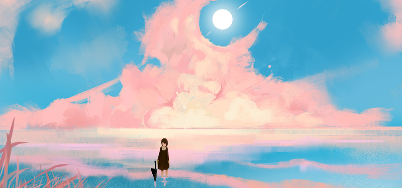 粉色晚霞等待的少女插画psd设计背景_新图网 https://ixintu.com 图片晚霞 图片粉色 图片阳光 插画手绘小女孩 晚霞 等候站牌 等待等待 迷幻背景