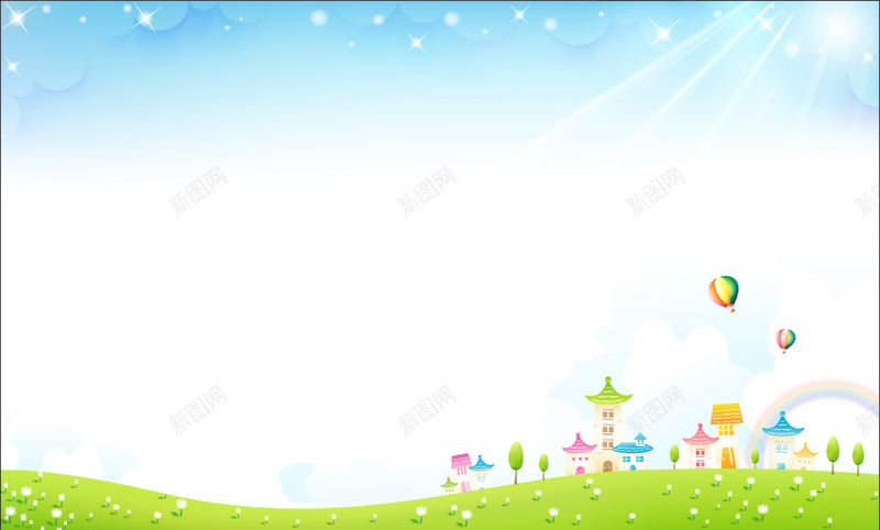 手绘绿色草地背景psd设计背景_新图网 https://ixintu.com 云朵 光线 卡通 手绘 村庄 白色 童趣 绿色 花草 草原