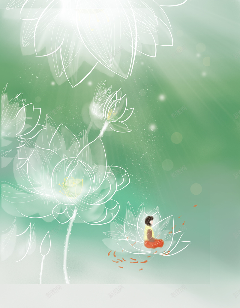 卡通白莲花背景psd设计背景_新图网 https://ixintu.com psd 卡通 小孩 海报 白莲花 绿色 背景 舒心 高清背景设计图