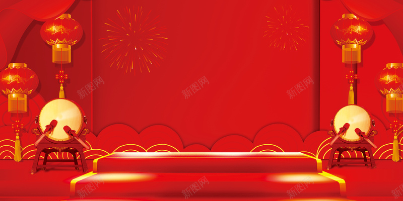 灯笼红色幕布背景psd设计背景_新图网 https://ixintu.com 云纹 幕布 灯笼 烟花 背景图 鼓