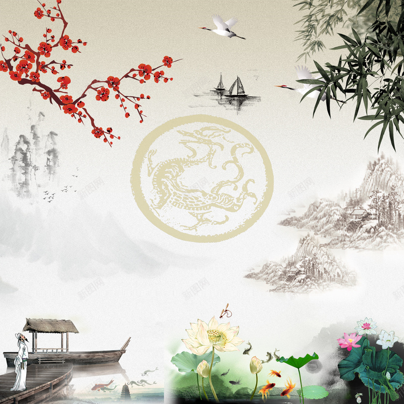 复古中国风文化海报背景psd设计背景_新图网 https://ixintu.com 中国文化 中国画 中国风 古典文化 复古 文化 海报 素材 背景 花朵 荷叶 荷花