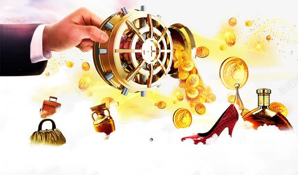 金融海报开启财富之门png免抠素材_新图网 https://ixintu.com 商务图片 女鞋 箱包手包 船舵 酒水 金币 金融商业图片 香水