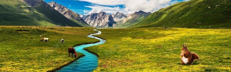 淘宝草原山脉banner背景jpg设计背景_新图网 https://ixintu.com banner 天空 小溪 山峰 松鼠 河流 海报 绿色 草原 草地 雪峰